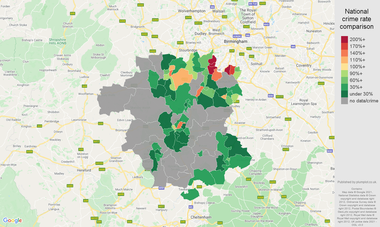 Worcestershire robbery crime rate comparison map