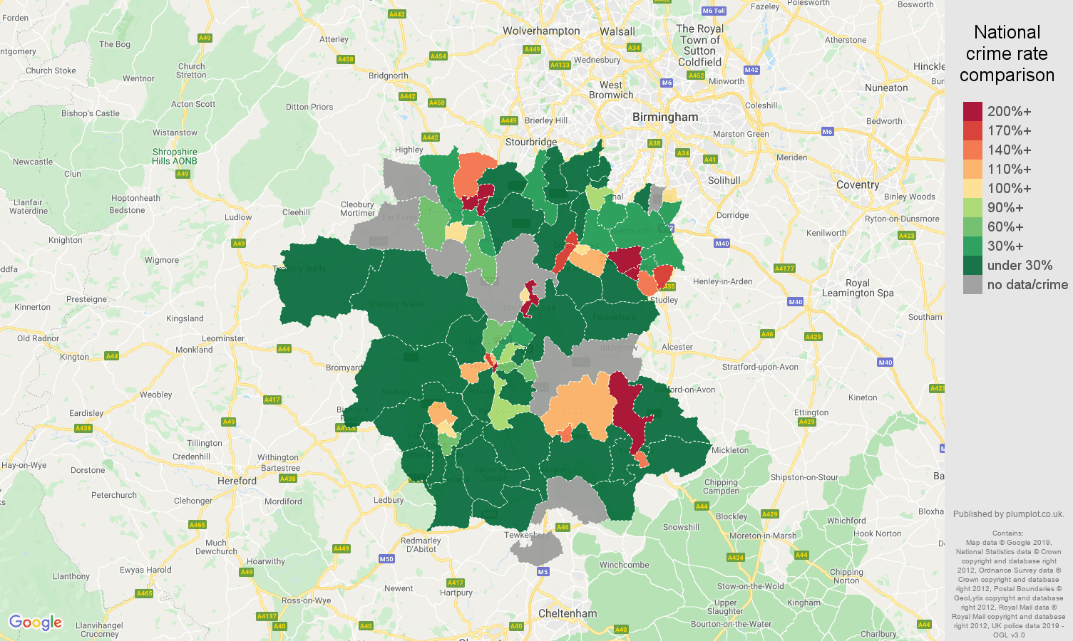 Worcestershire shoplifting crime rate comparison map