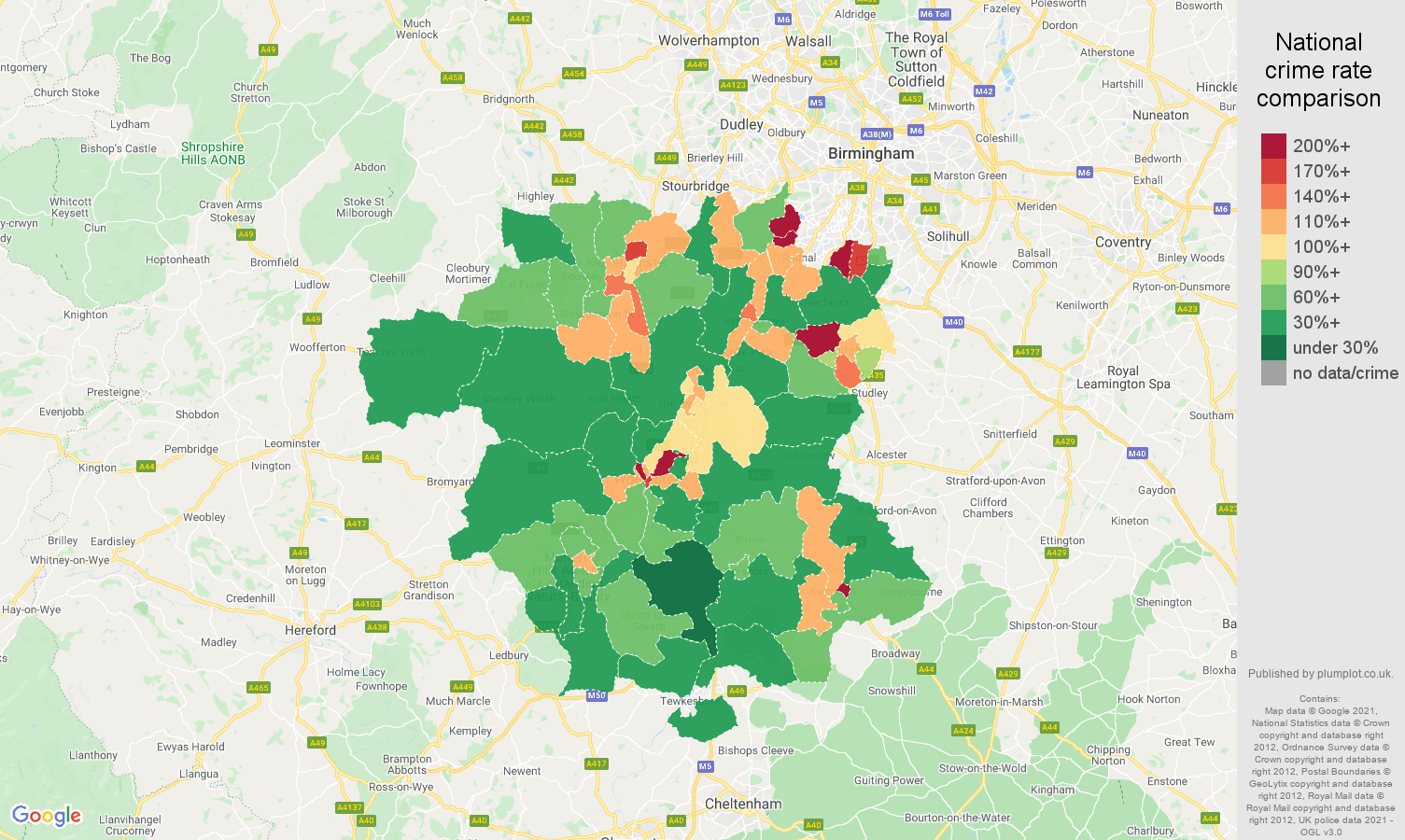 Worcestershire violent crime rate comparison map