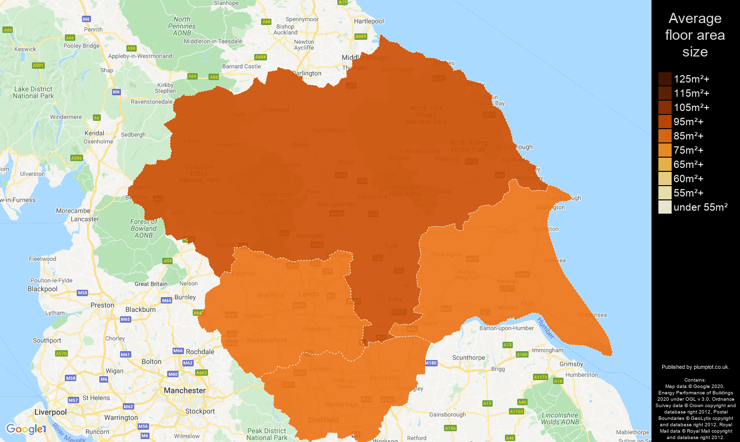 Yorkshire map of average floor area size of houses