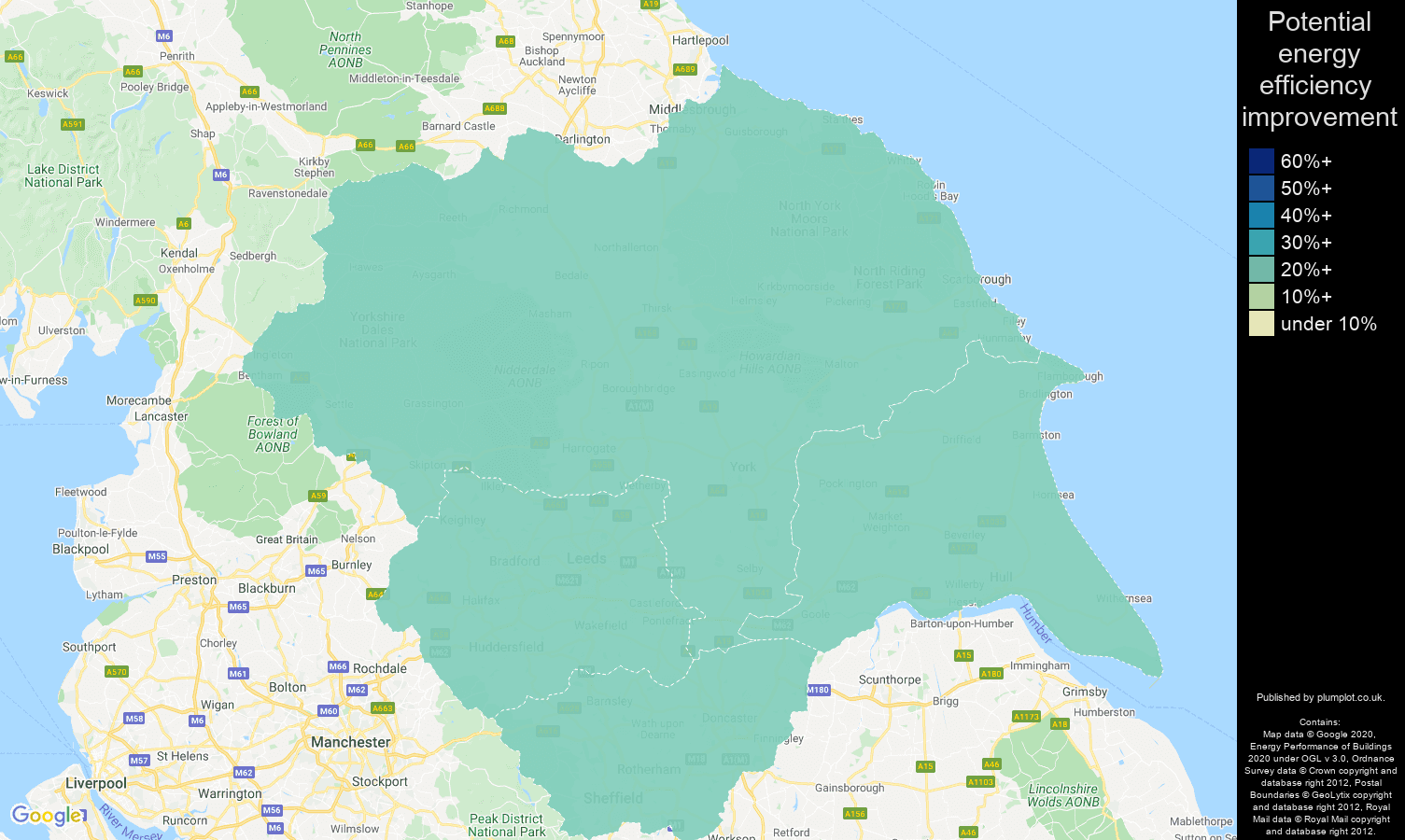 Yorkshire map of potential energy efficiency improvement of houses