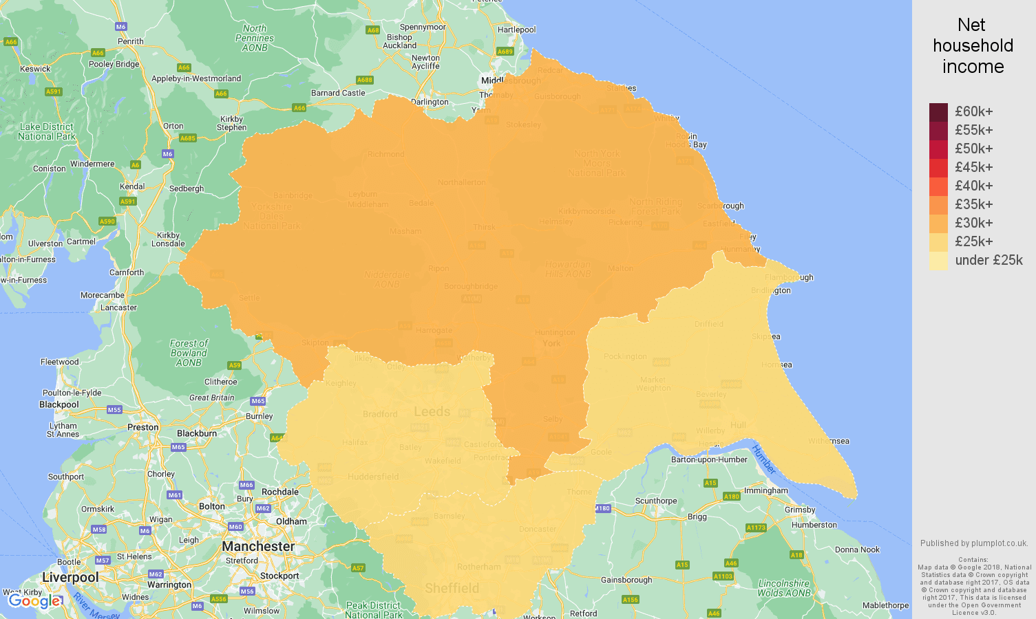 Yorkshire net household income map