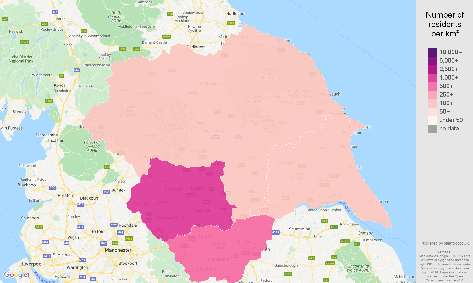 Yorkshire population density map