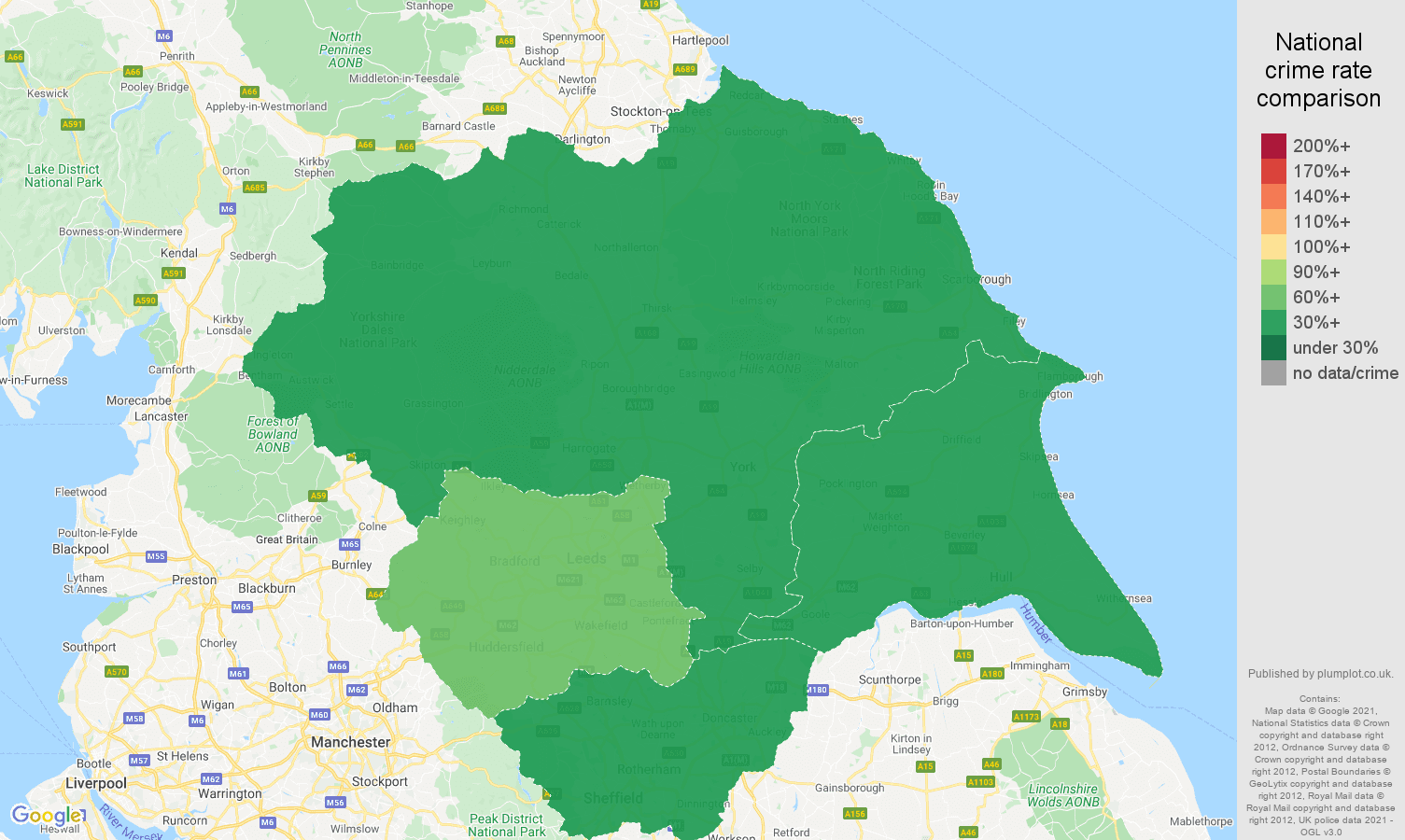Yorkshire theft from the person crime rate comparison map