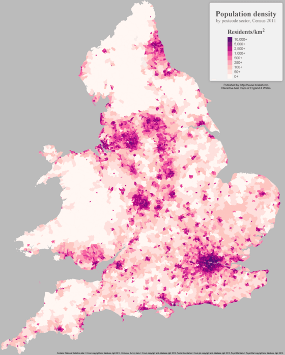 England and Wales Population Density based on Census 2011