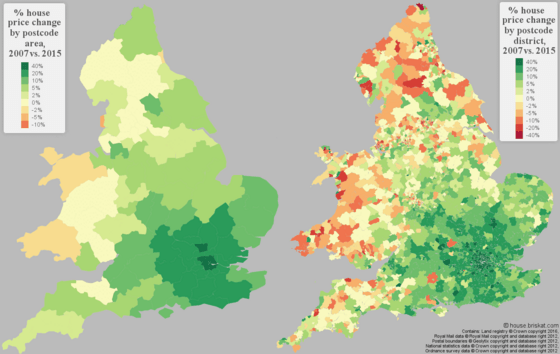 Map of UK nominal average property prices percentage change from 2015 to 2007.