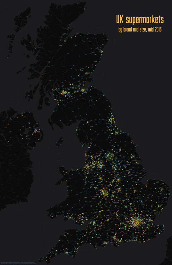 High resolution map of UK supermarkets by brand and band size