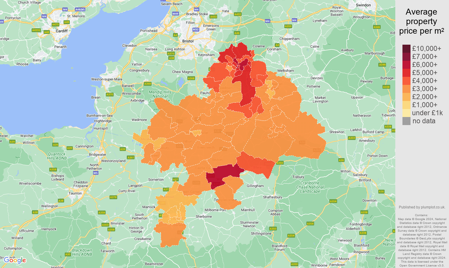Bath house prices per square metre map