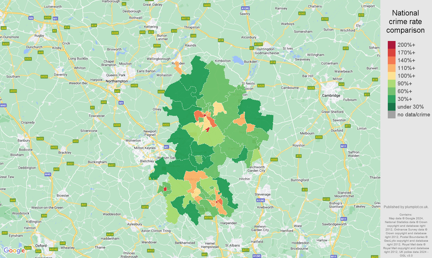 Bedfordshire crime rate comparison map