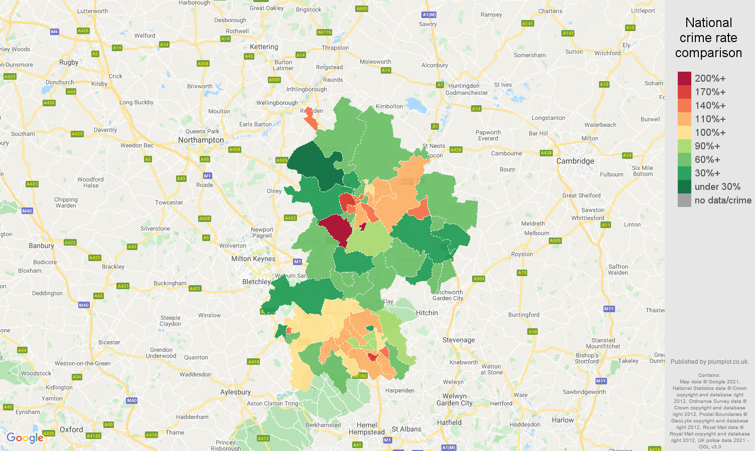 Bedfordshire criminal damage and arson crime rate comparison map