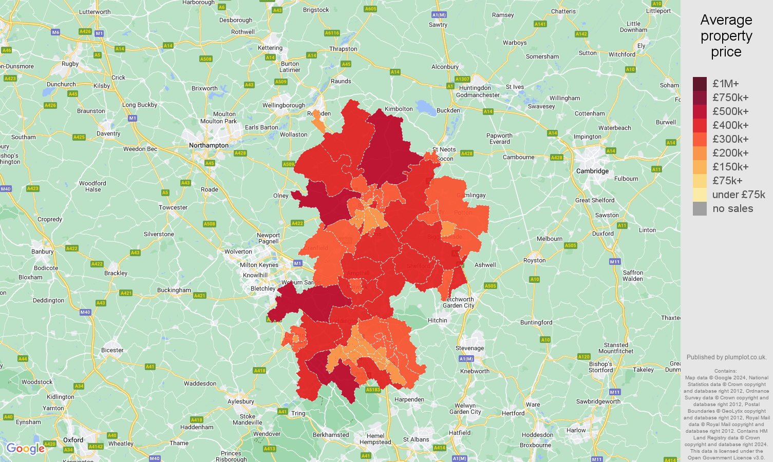 Bedfordshire house prices map