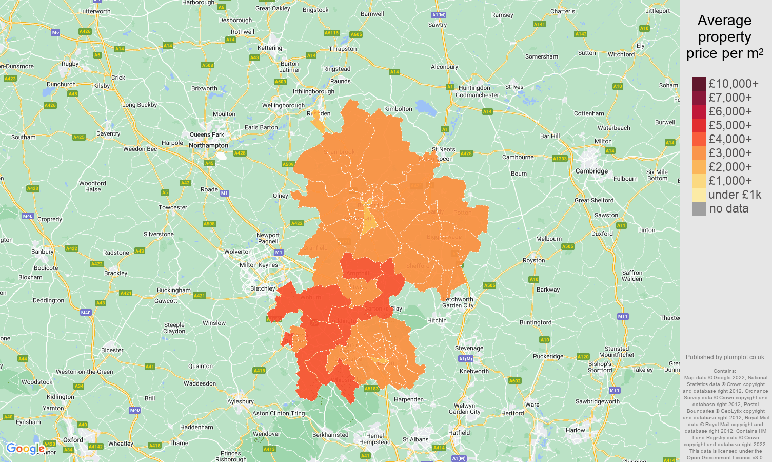 Bedfordshire house prices per square metre map
