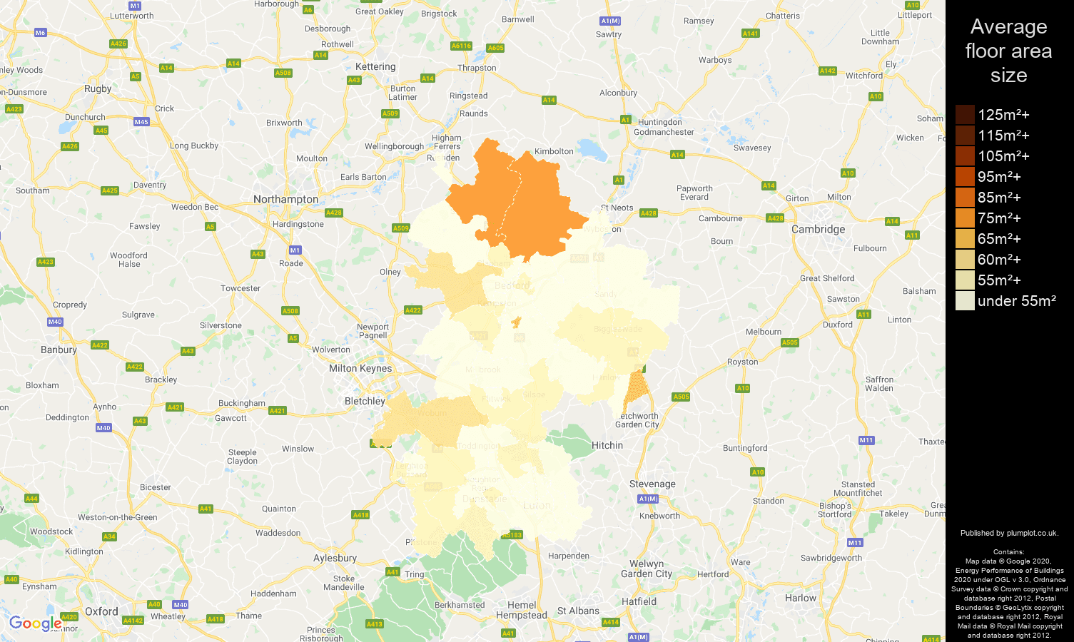 Bedfordshire map of average floor area size of flats