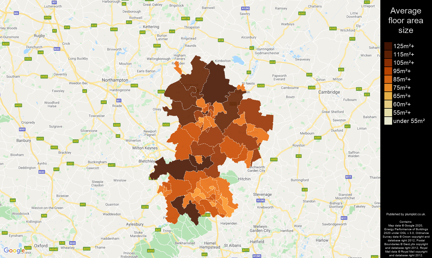 Bedfordshire map of average floor area size of houses