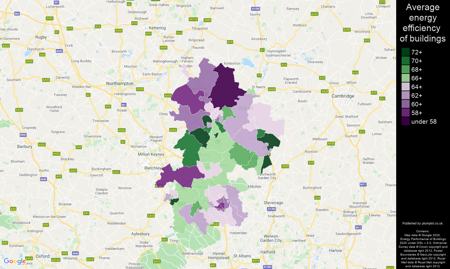 Bedfordshire map of energy efficiency of properties