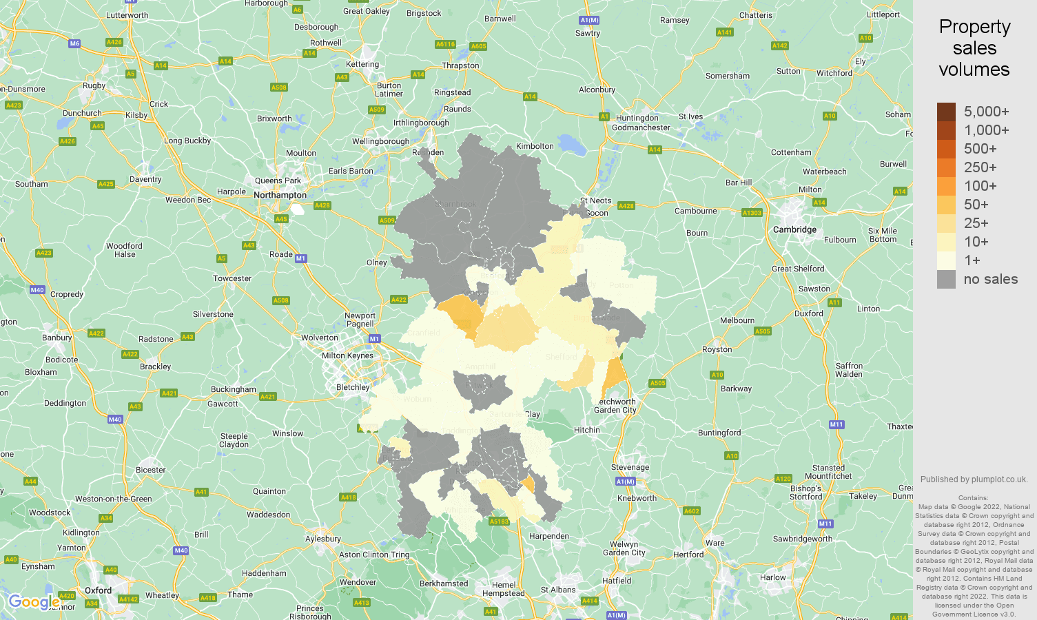 Bedfordshire map of sales of new properties