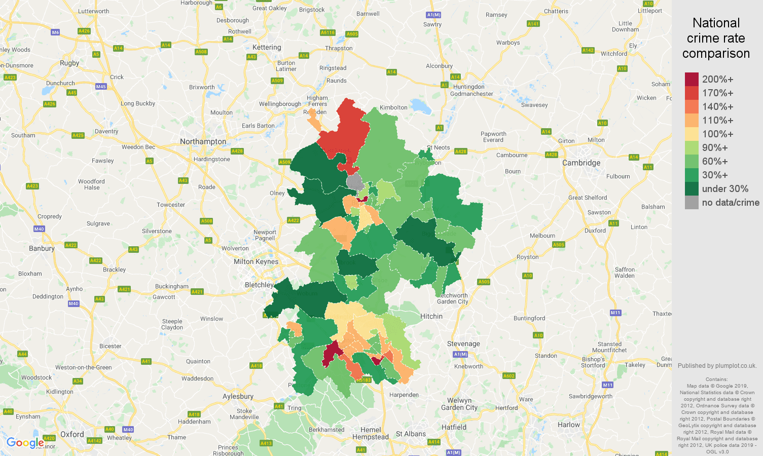 Bedfordshire other crime rate comparison map
