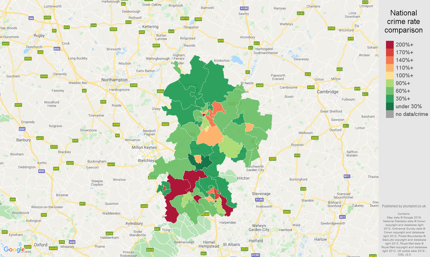 Bedfordshire other theft crime rate comparison map