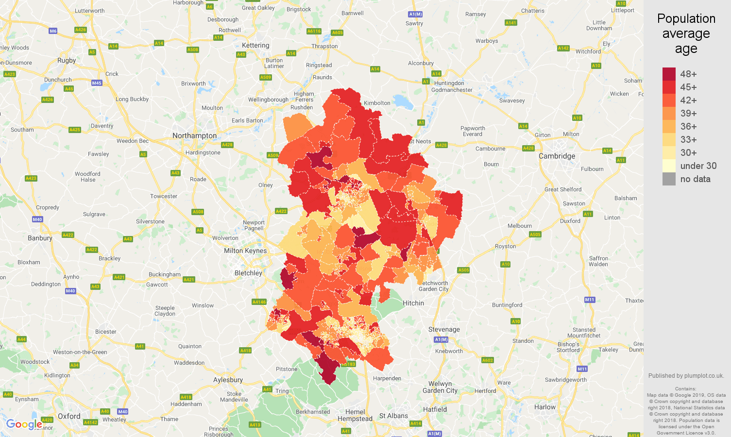Bedfordshire population average age map