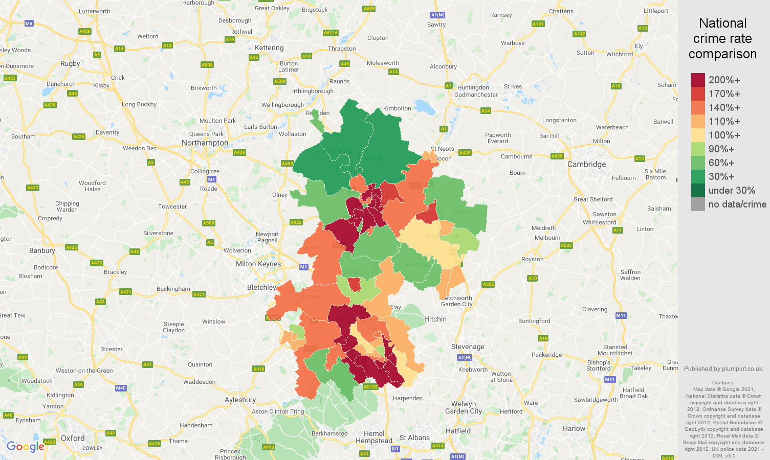 Bedfordshire vehicle crime rate comparison map