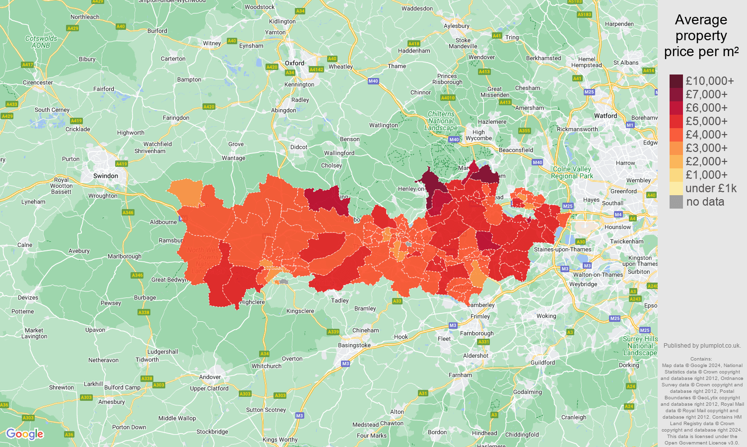 Berkshire house prices per square metre map
