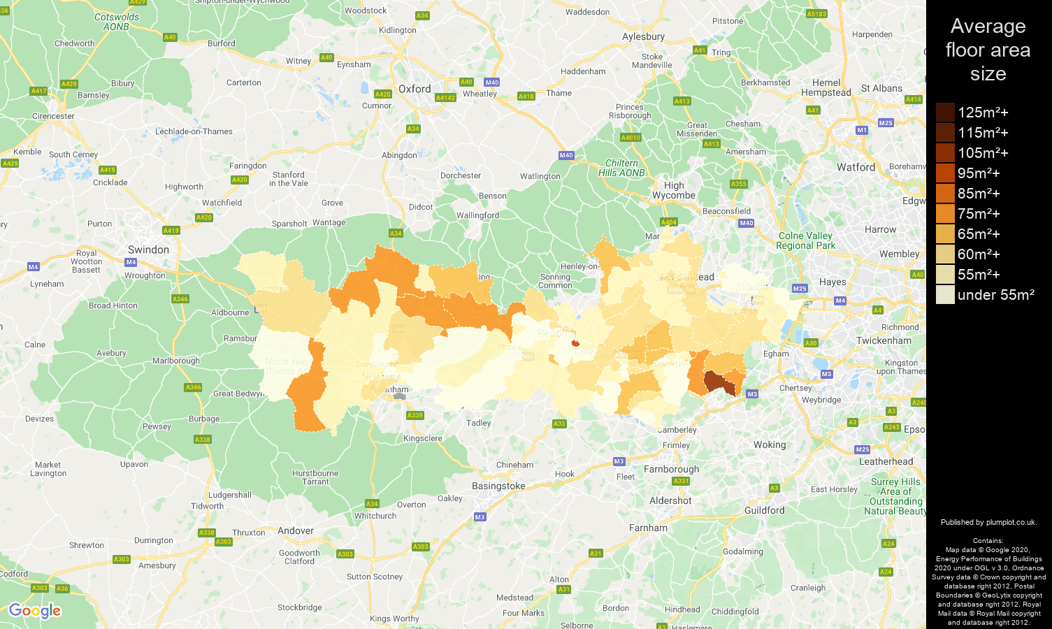 Berkshire map of average floor area size of flats