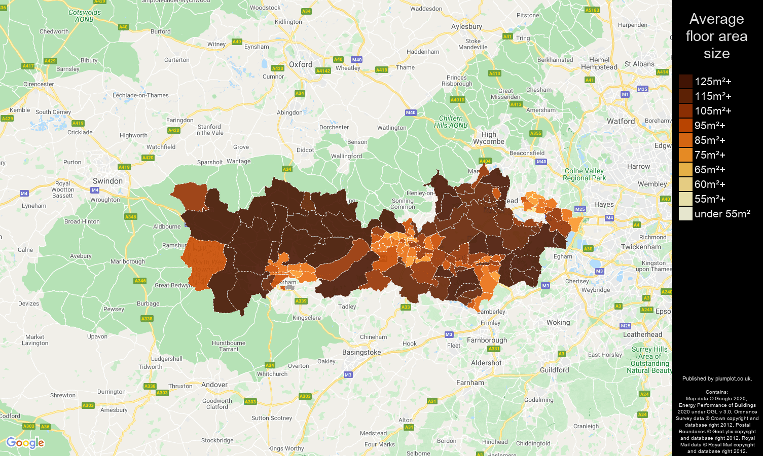 Berkshire map of average floor area size of houses