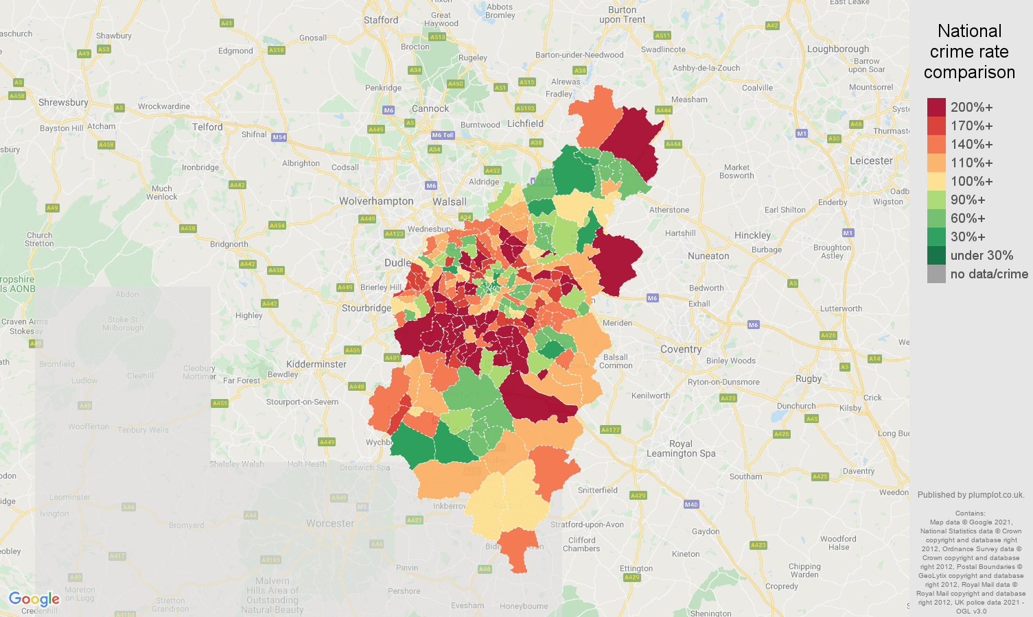Birmingham burglary crime rate comparison map
