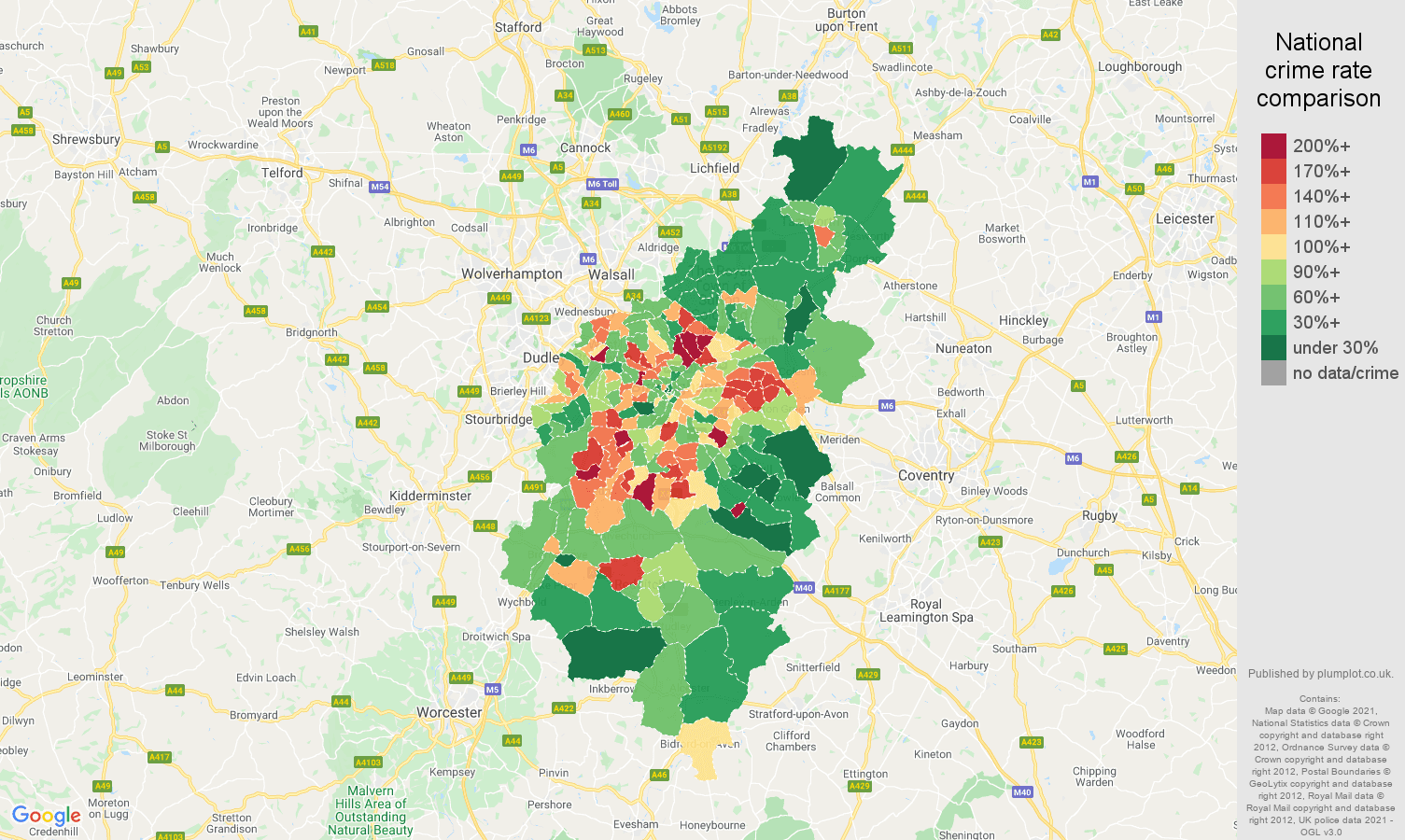 Birmingham criminal damage and arson crime rate comparison map