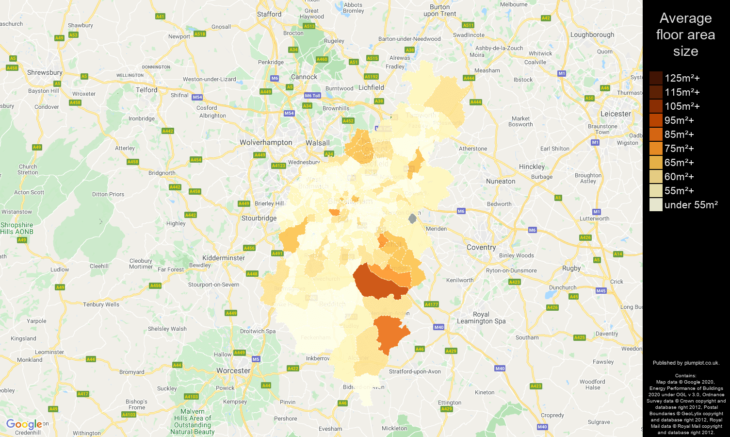 Birmingham map of average floor area size of flats