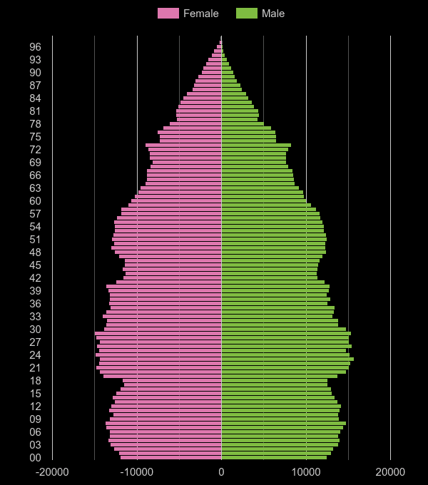 Birmingham population pyramid by year