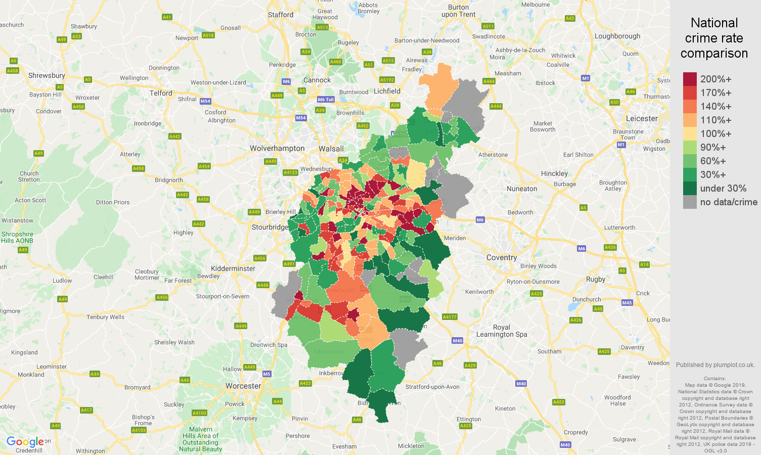 Birmingham possession of weapons crime rate comparison map