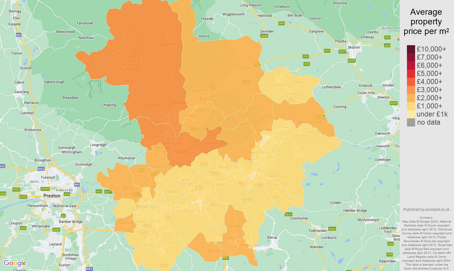 Blackburn house prices per square metre map