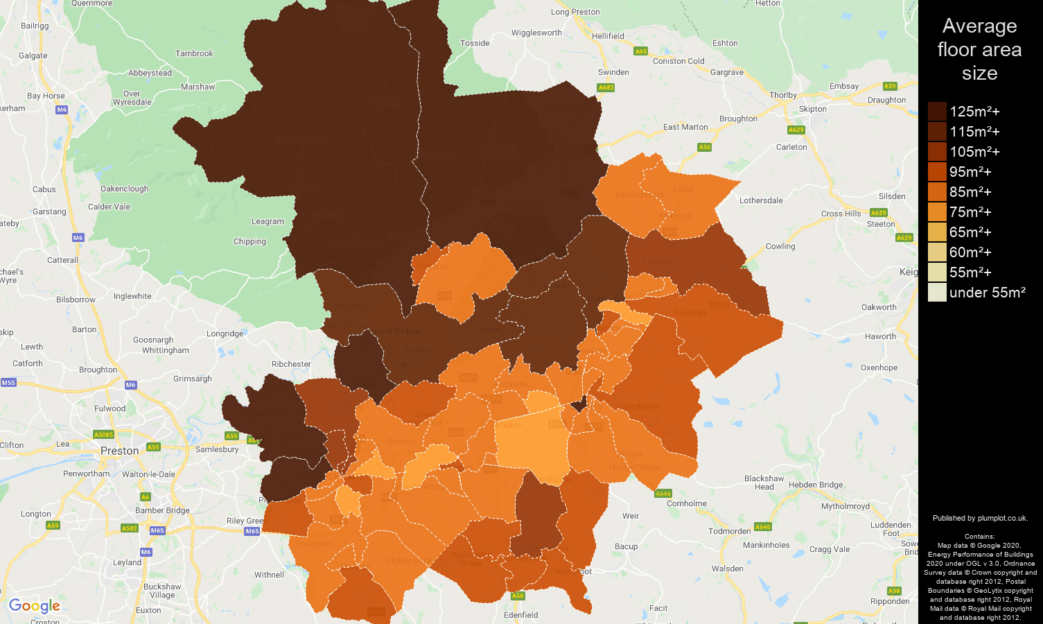 Blackburn map of average floor area size of houses