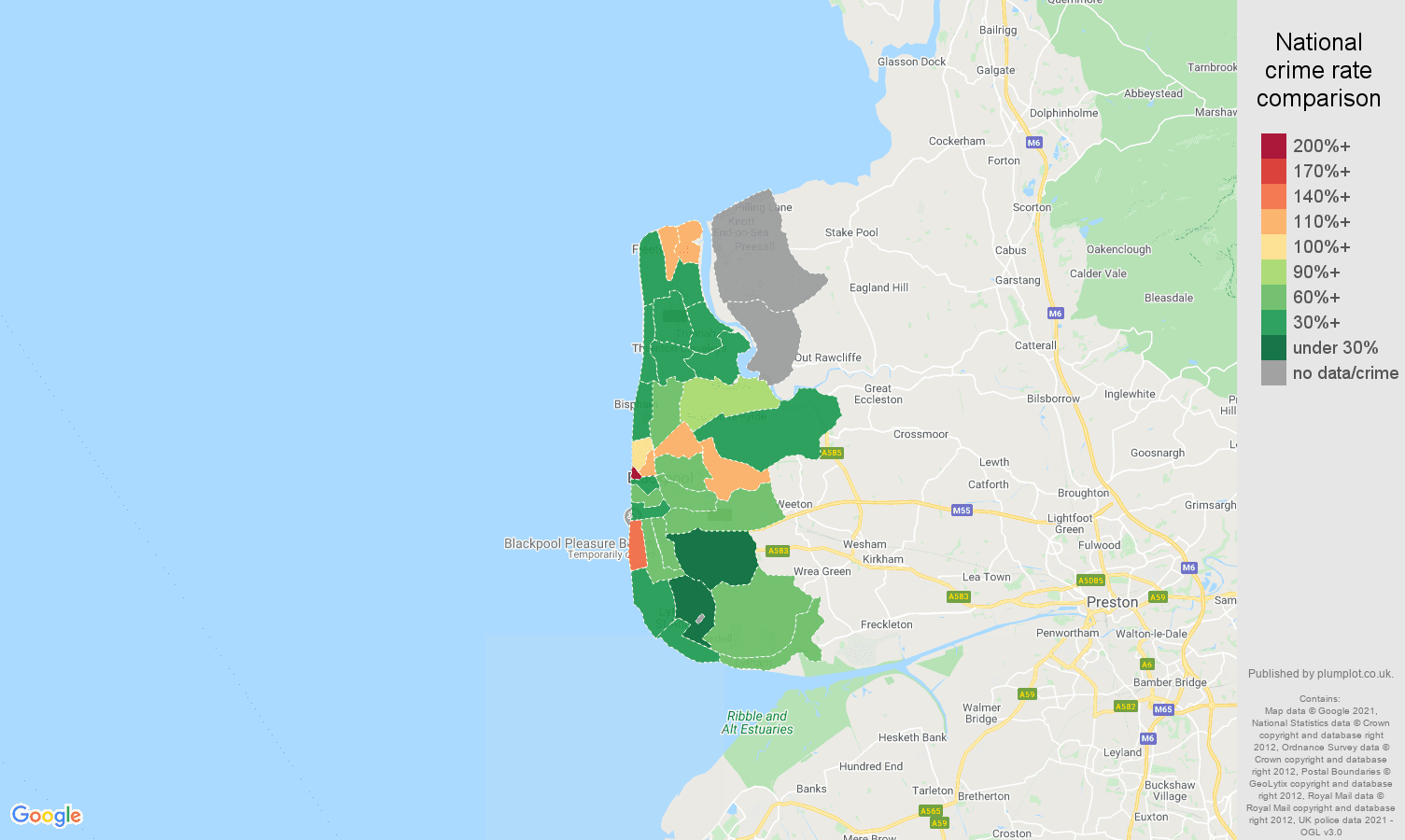Blackpool bicycle theft crime rate comparison map