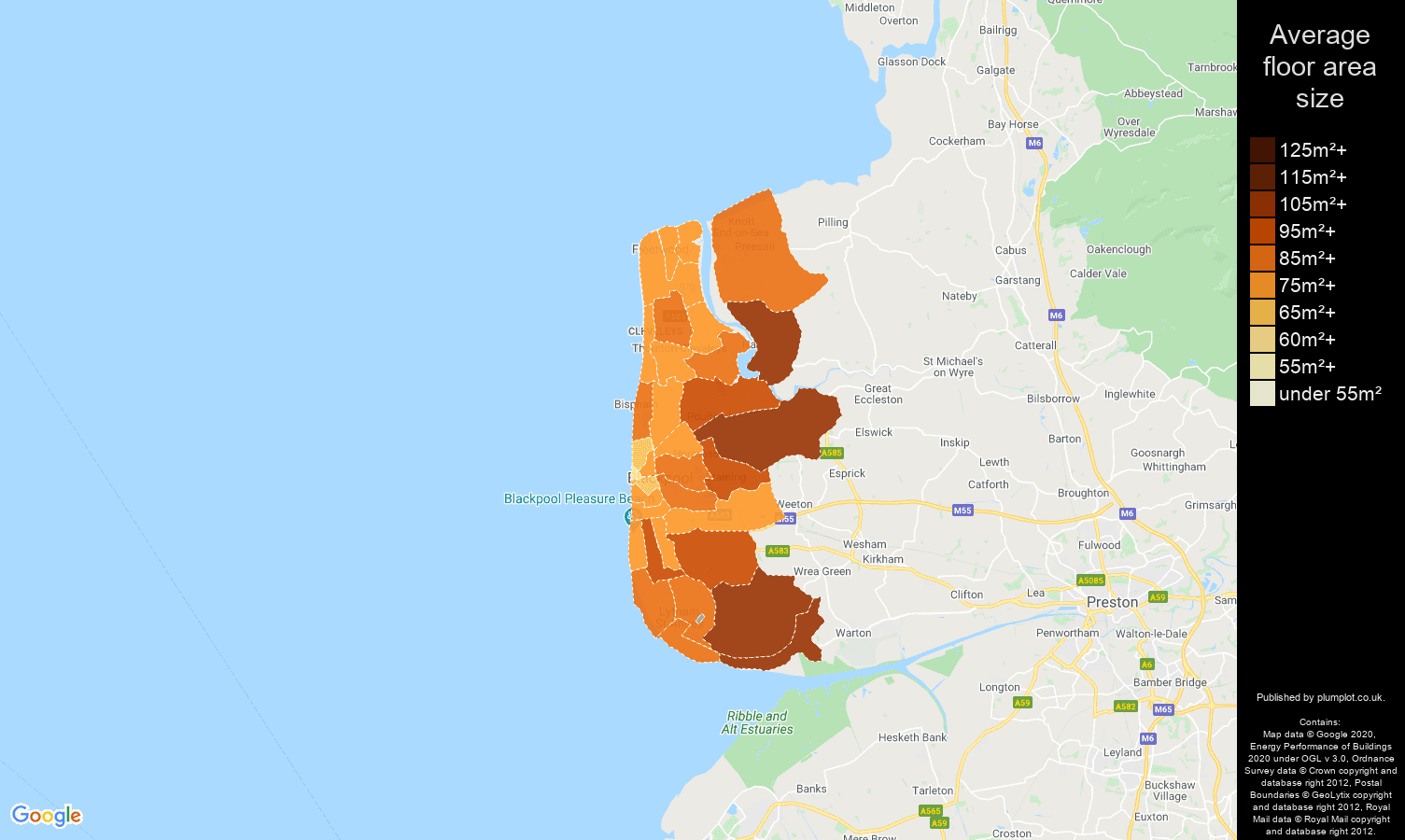 Blackpool map of average floor area size of properties