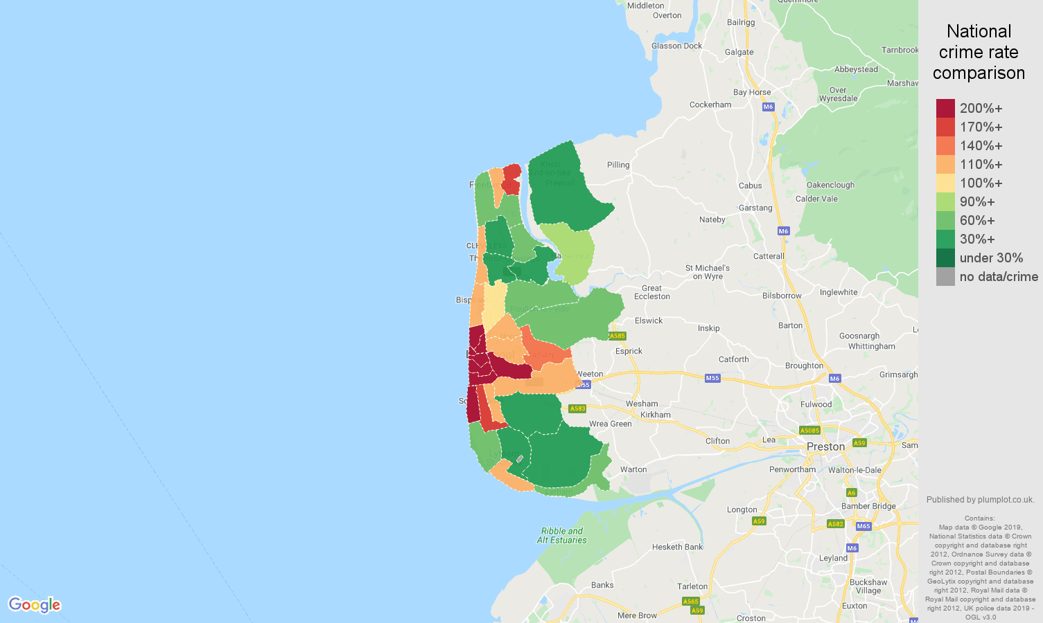 Blackpool other theft crime rate comparison map