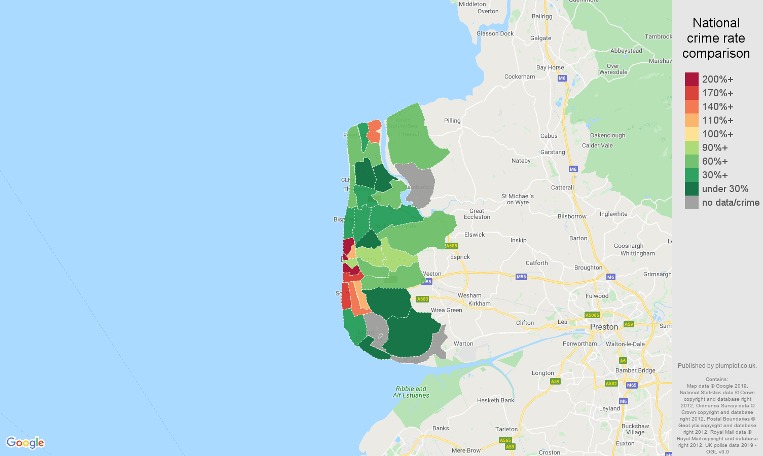Blackpool possession of weapons crime rate comparison map