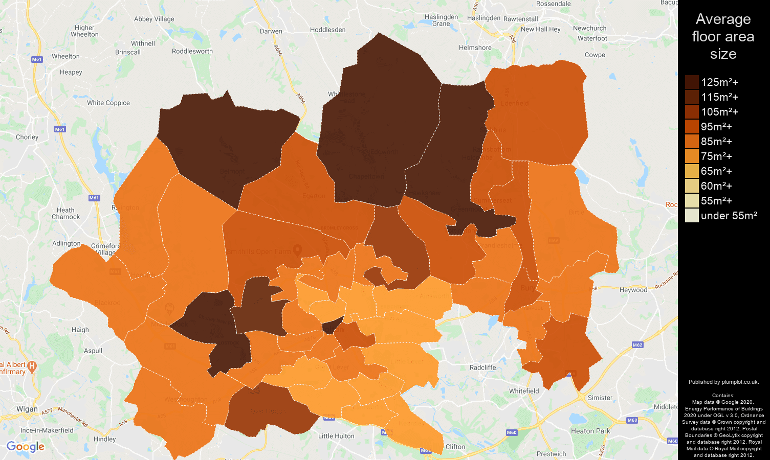 Bolton map of average floor area size of houses