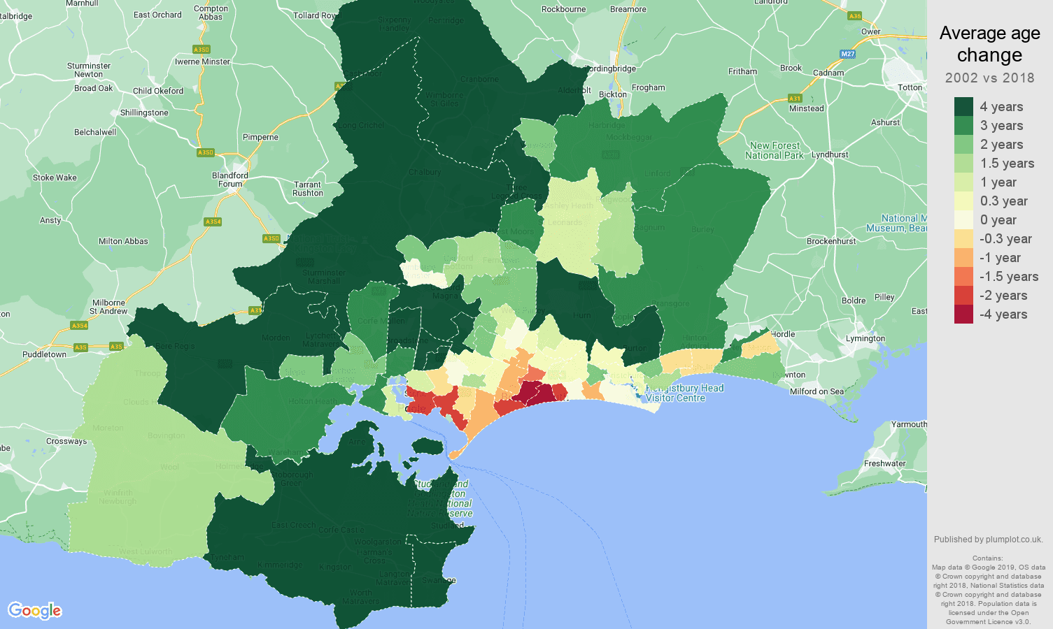 Bournemouth average age change map