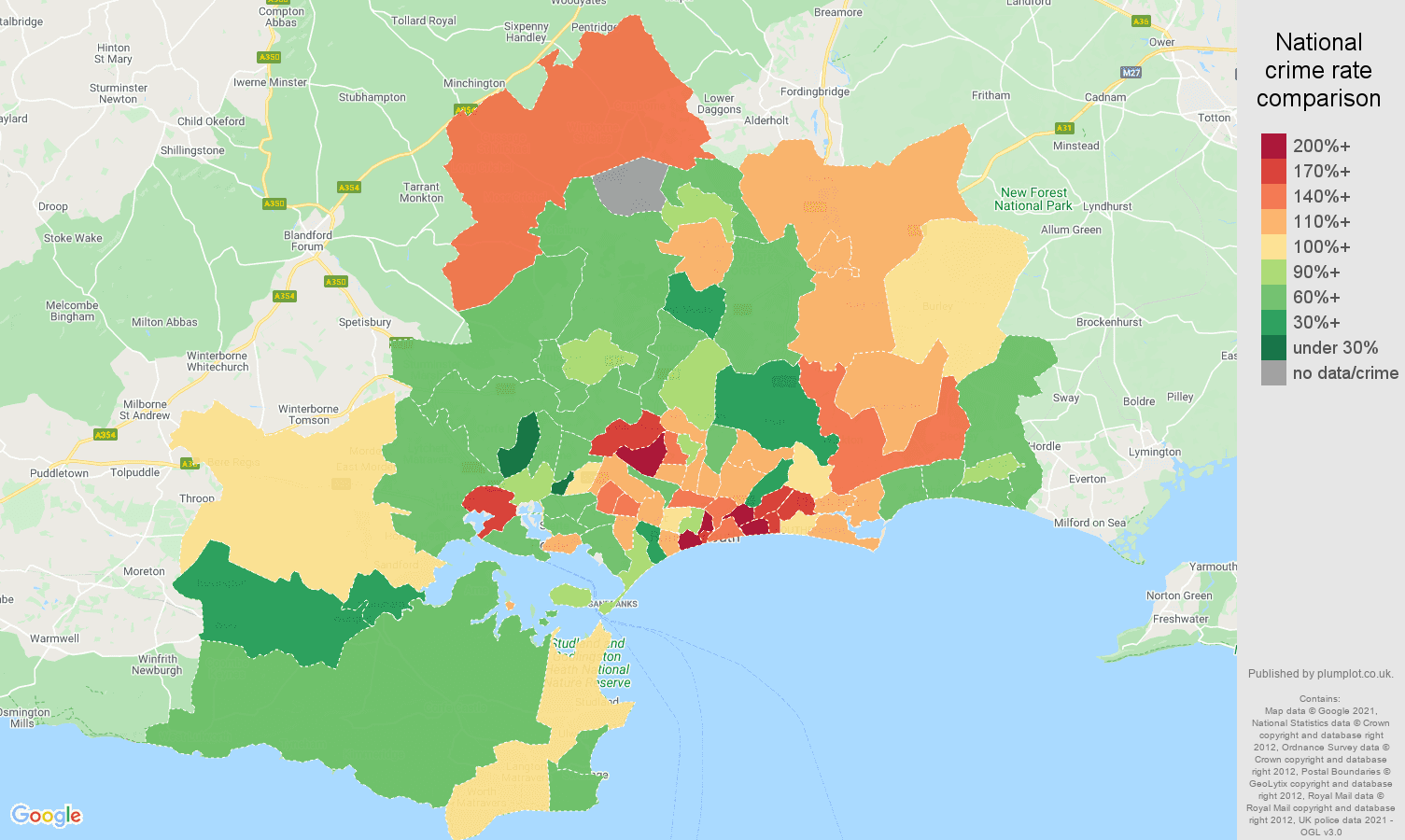 Bournemouth criminal damage and arson crime rate comparison map