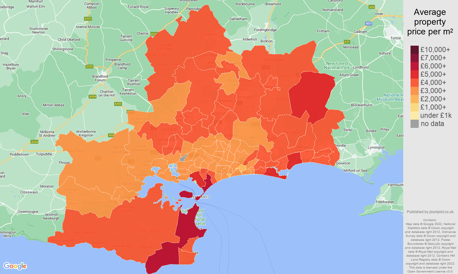 Bournemouth house prices per square metre map