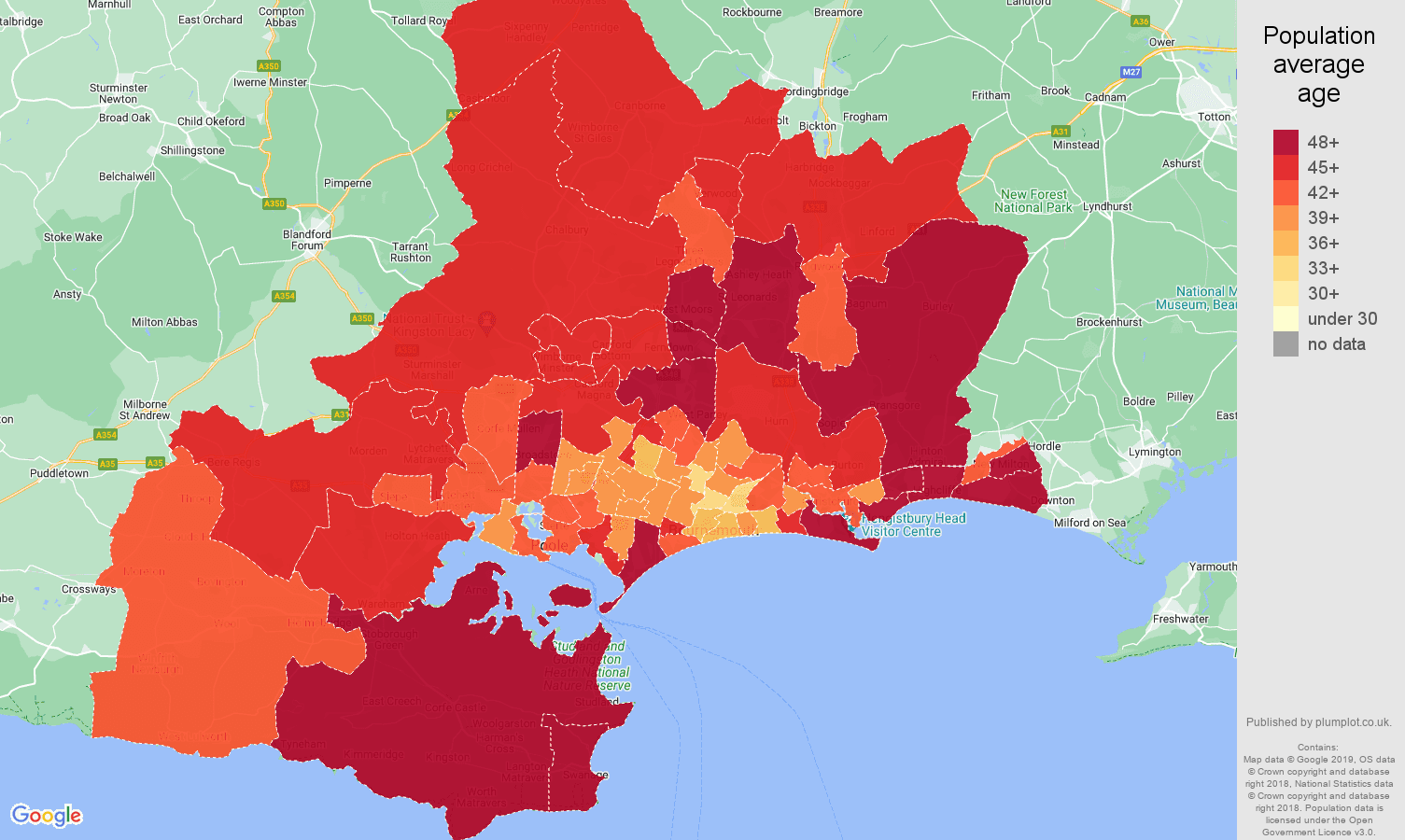 Bournemouth population average age map
