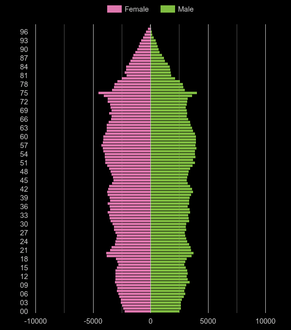 Bournemouth population pyramid by year