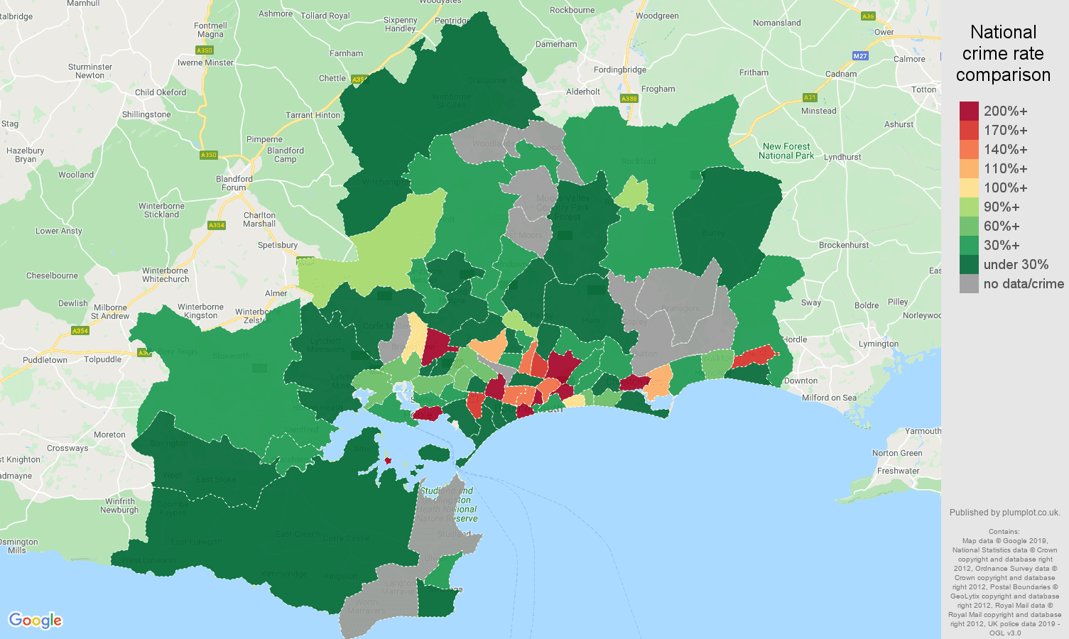 Bournemouth shoplifting crime rate comparison map