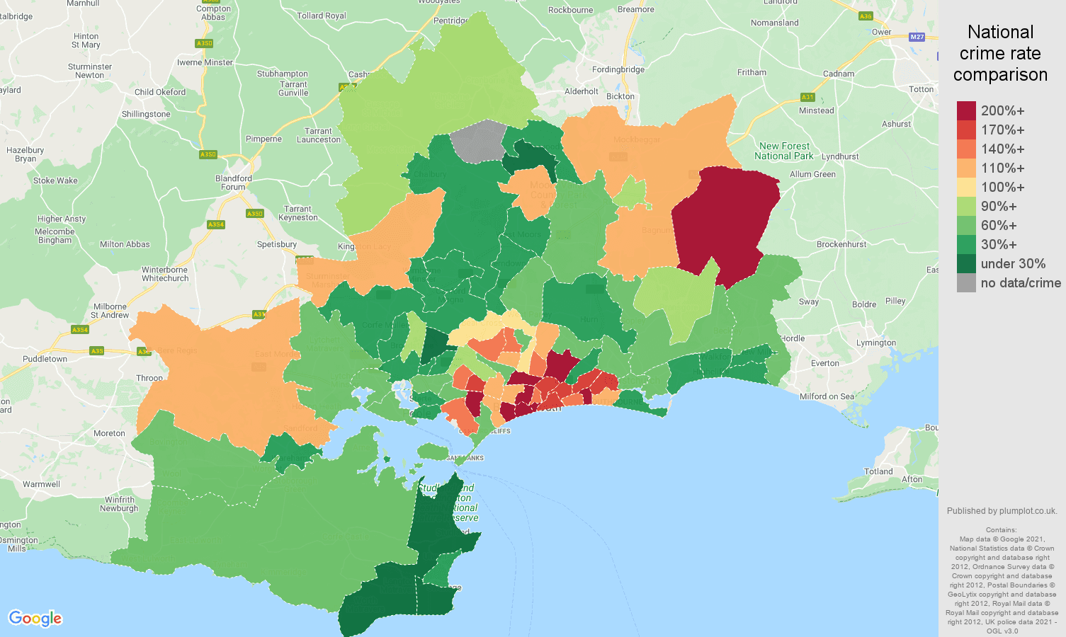 Bournemouth vehicle crime rate comparison map