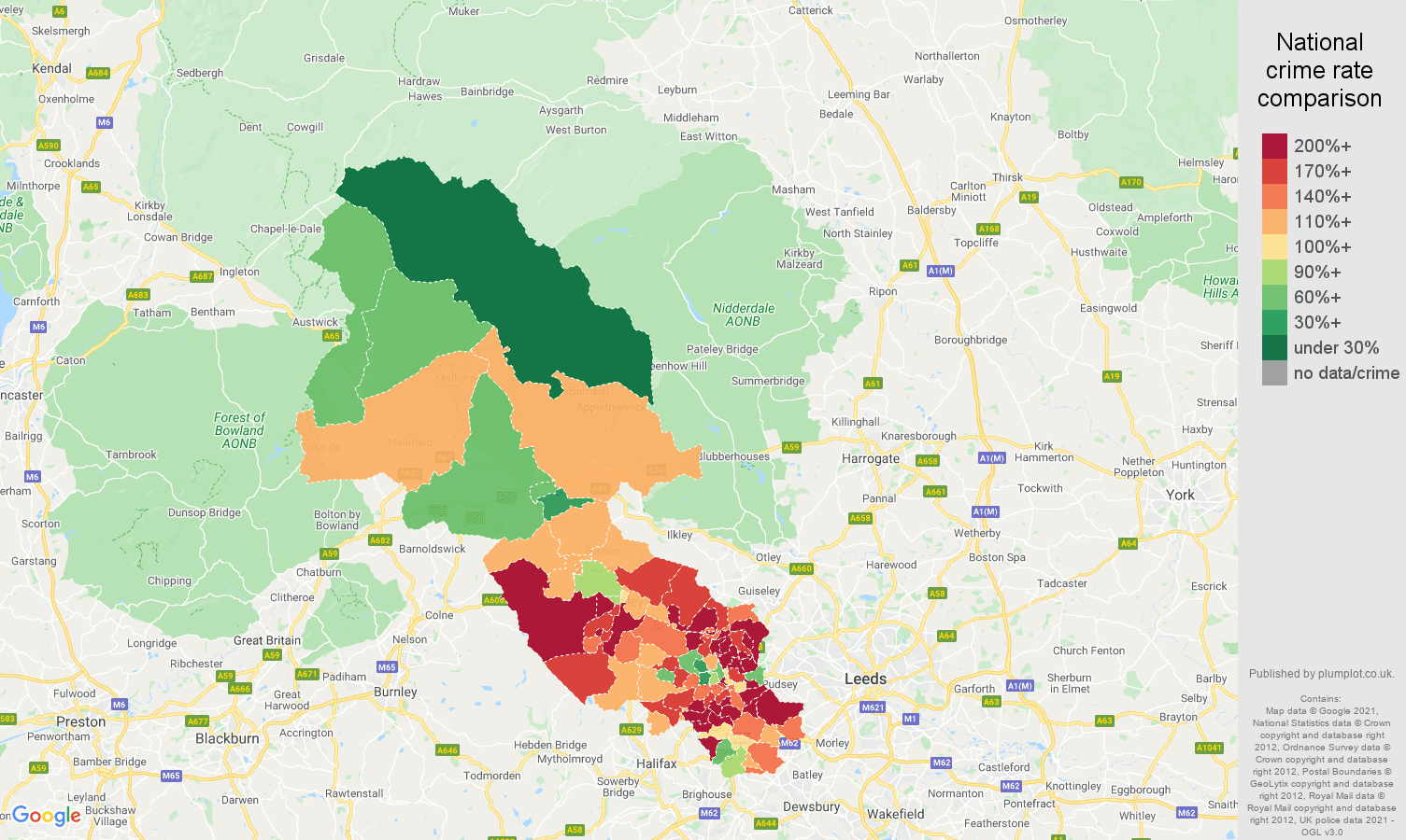 Bradford burglary crime rate comparison map