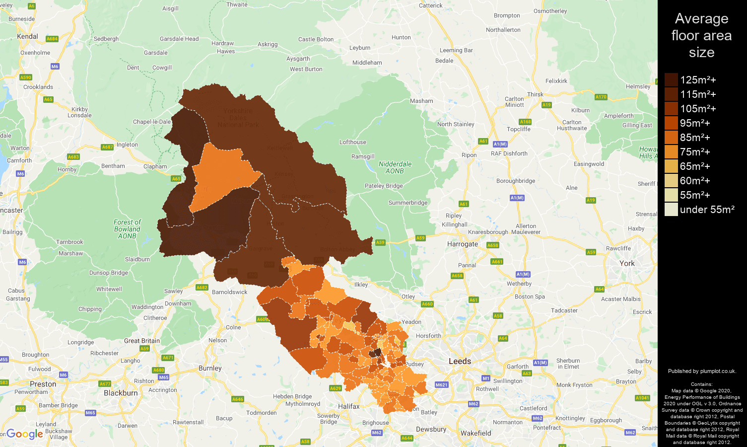 Bradford map of average floor area size of properties