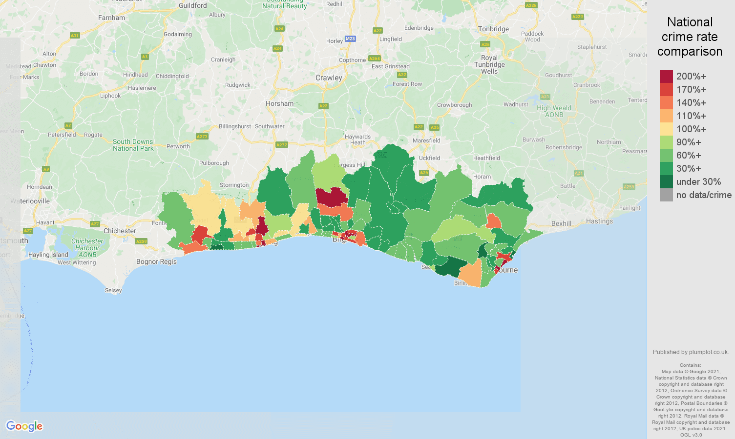 Brighton drugs crime rate comparison map