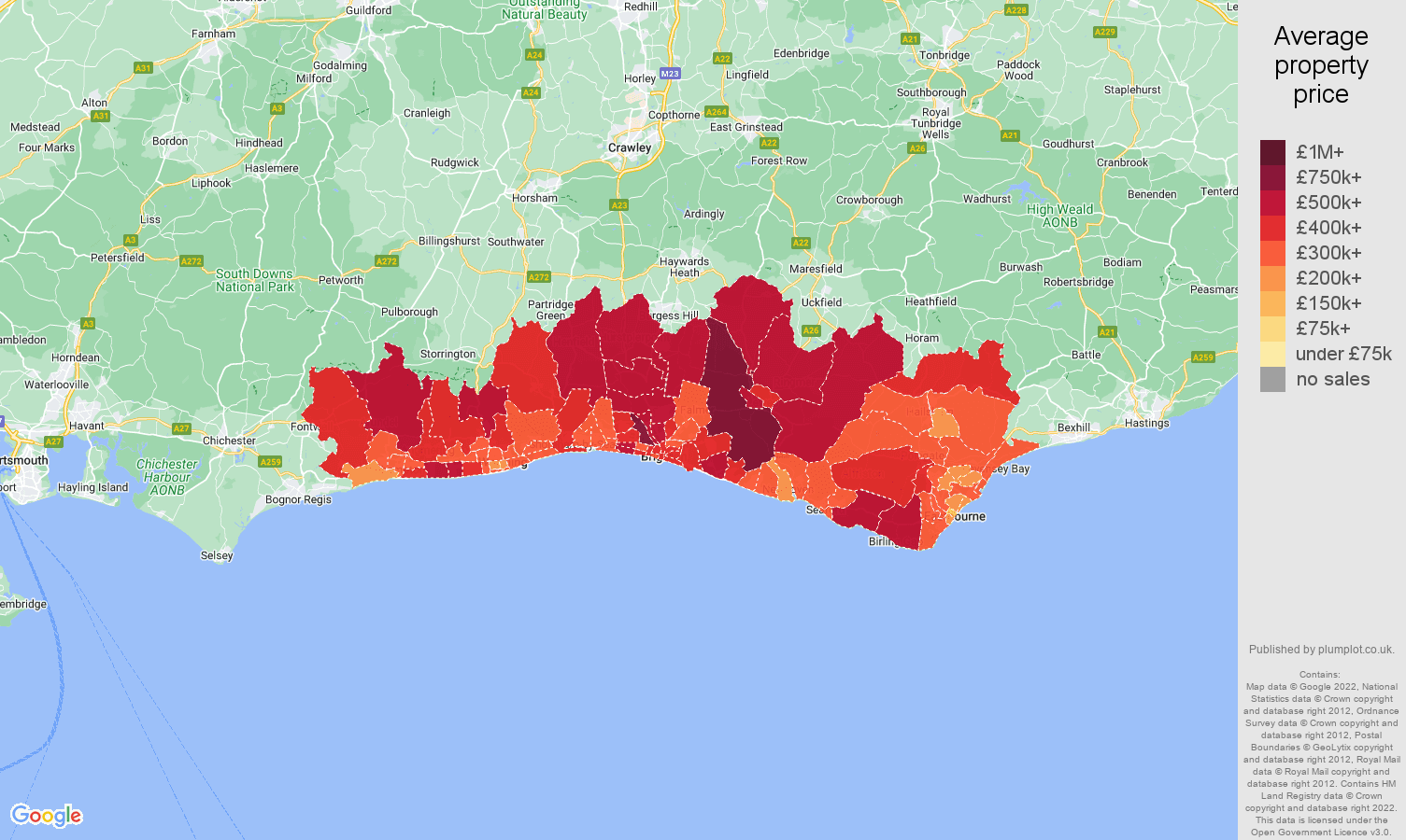Brighton property prices by postcode sector